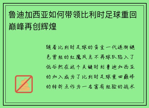 鲁迪加西亚如何带领比利时足球重回巅峰再创辉煌